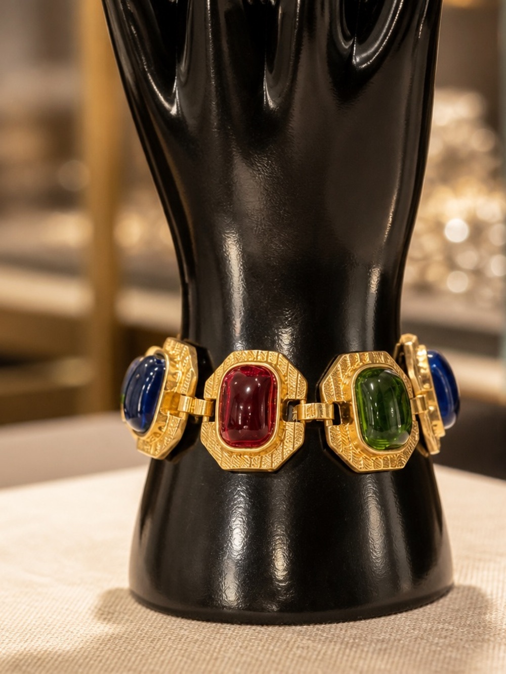 Gold-Tone Multicolor Cabochon Statement Bracelet - Red, Blue & Green